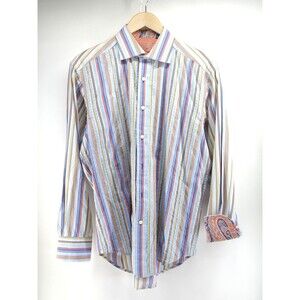ROBERT GRAHAM Multi Color Stiped Flip Cuff Embroidery Button Down Shirt Medium‎